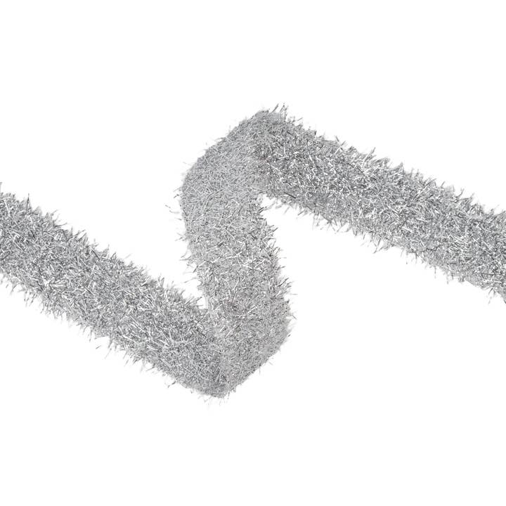 1.3 inch wired silver tinsel ribbon with a shimmering finish on a white background.