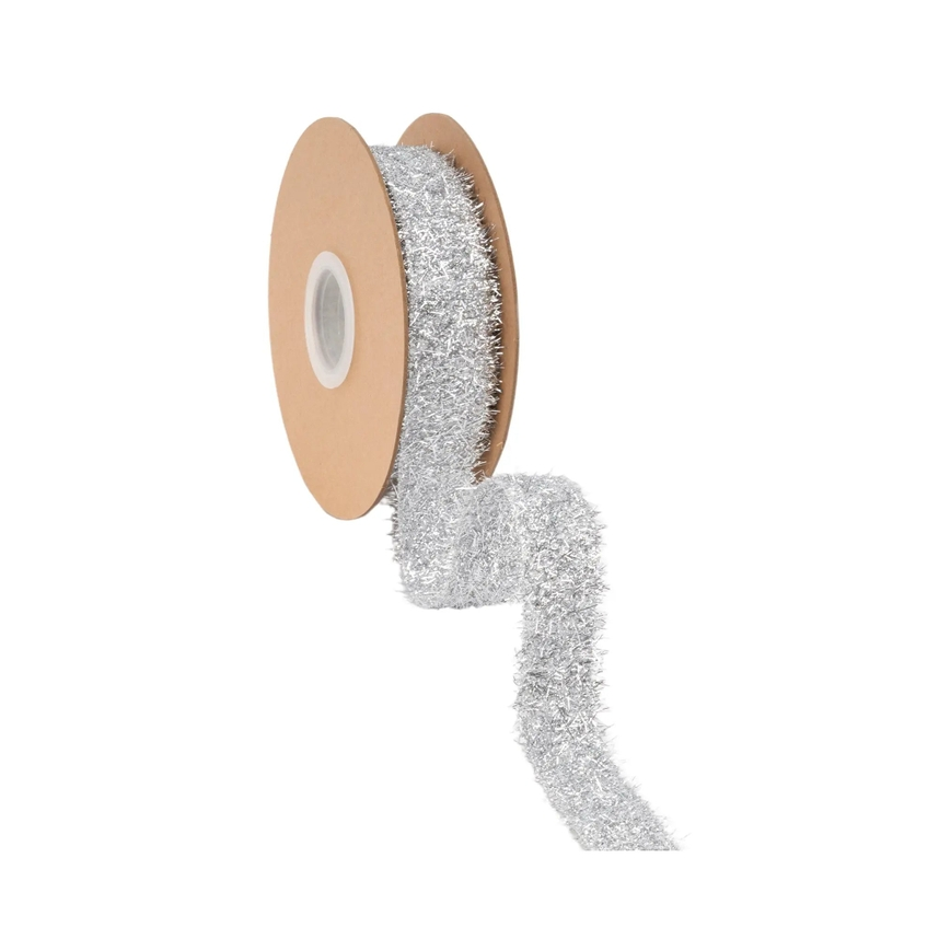 1.3 inch wired silver tinsel ribbon on a 10 yard cardboard roll.