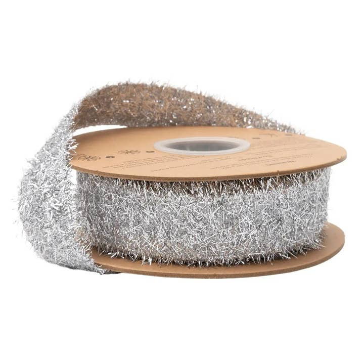 1.3 inch wired silver tinsel ribbon on a 10 yard roll for holiday crafts and gift wrapping.