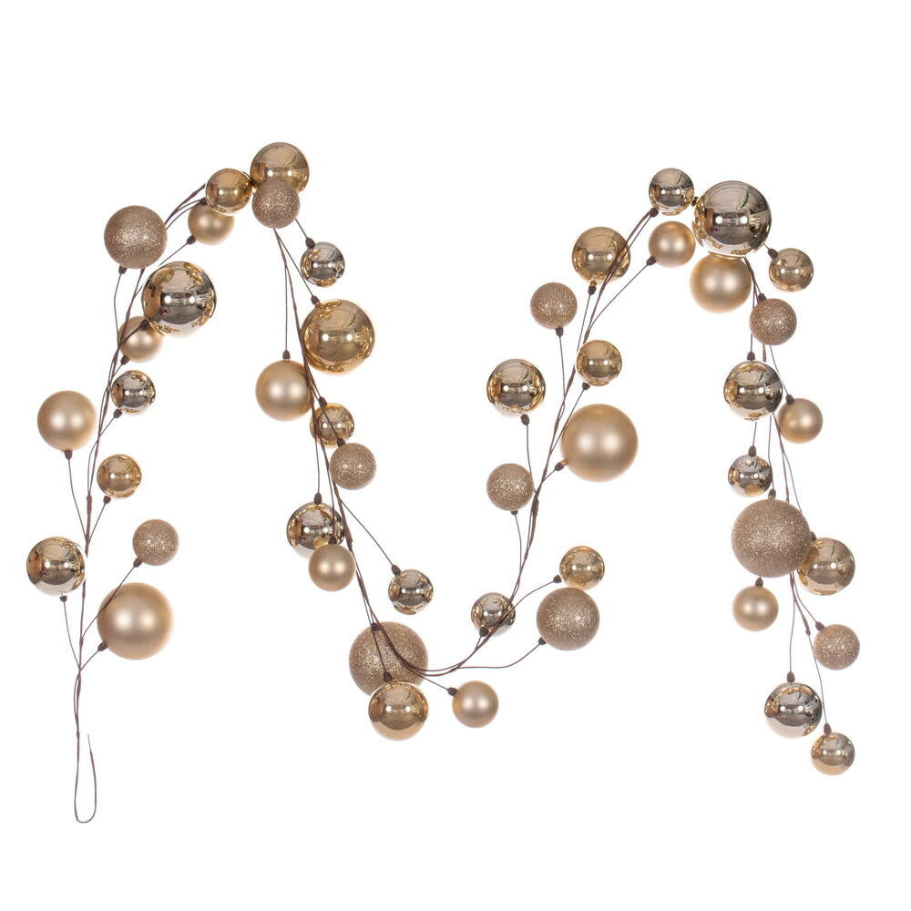 10-foot champagne branch garland featuring assorted glitter, matte, and shiny ball ornaments.