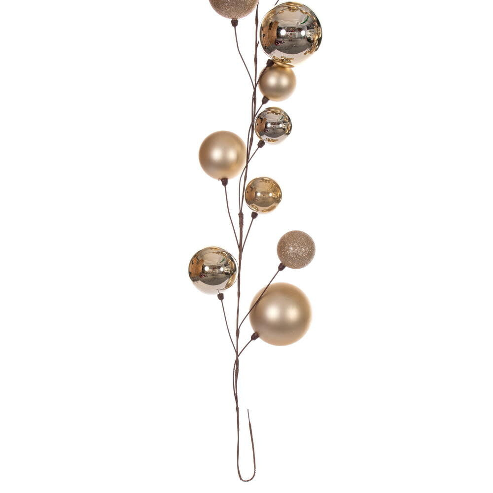 Champagne-colored branch garland featuring assorted matte, shiny, and glitter ball ornaments.