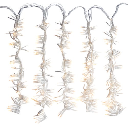 10-foot clear wire cluster light strand with 960 warm white LED lights and 12 hanging strands.