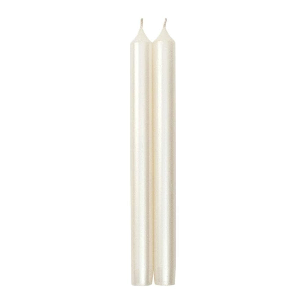 Pair of white pearlescent tapered crown candles with cotton wicks