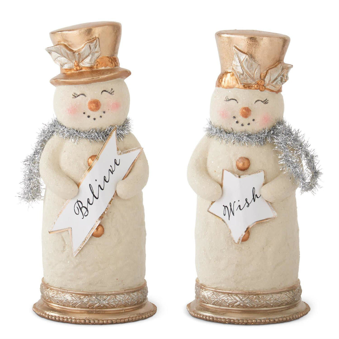 Two 10-inch resin snowman figurines with gold hats, silver tinsel collars, and Believe/Wish signs.