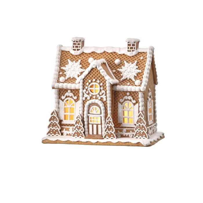 10-inch clay gingerbread house with LED lights, snowflake patterns, and white icing details.