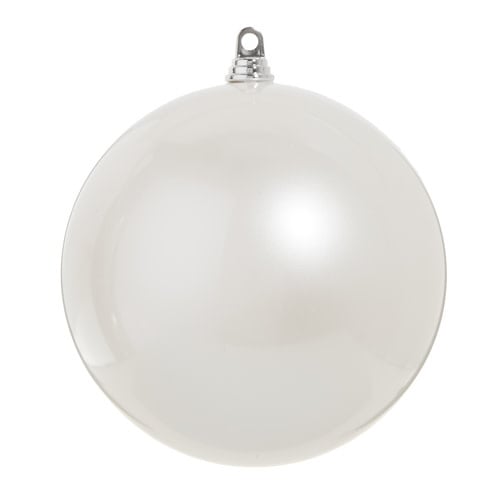10-inch round white plastic ball ornament with a smooth, pearlescent finish.