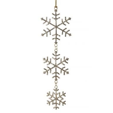 A vertical gold-toned ornament featuring three connected jeweled snowflake designs.