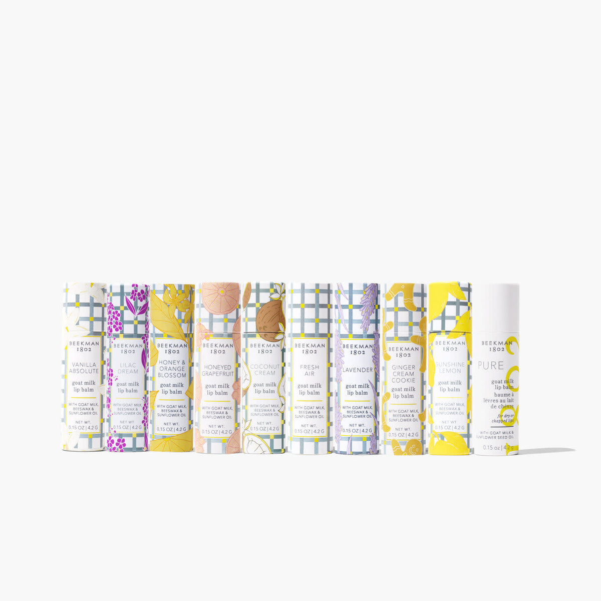 Beekman Lip Balm in a clear tube with gingham pattern packaging
