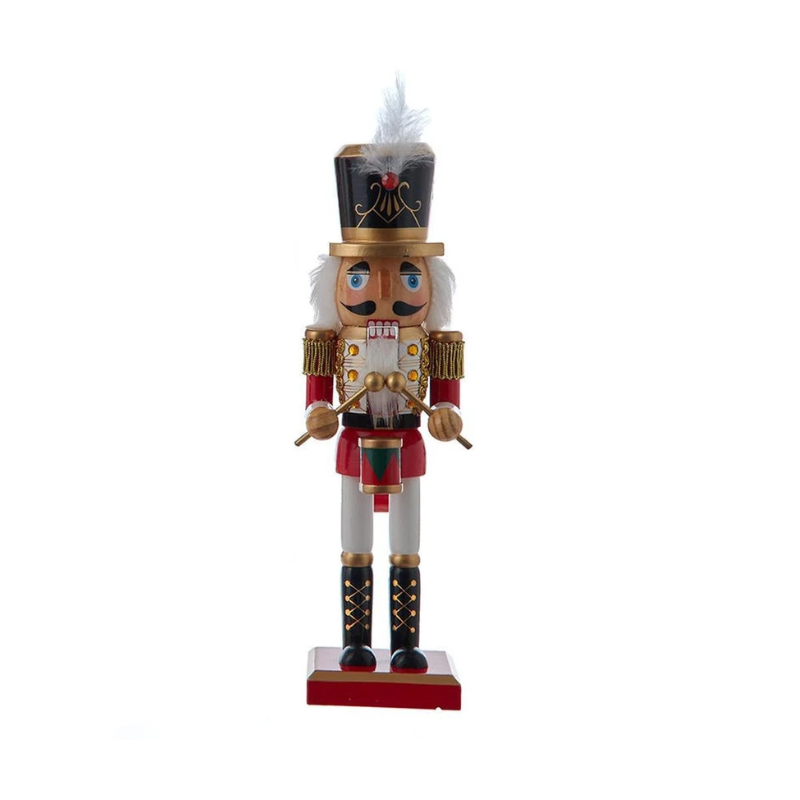 10 inch red and white nutcracker soldier holding a drum