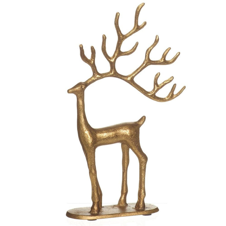 10-inch gold cast iron reindeer figurine with detailed antlers standing on an oval base.