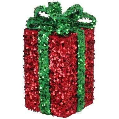 A 10-inch rectangular gift box decoration covered in red sequins with a green sequined bow.