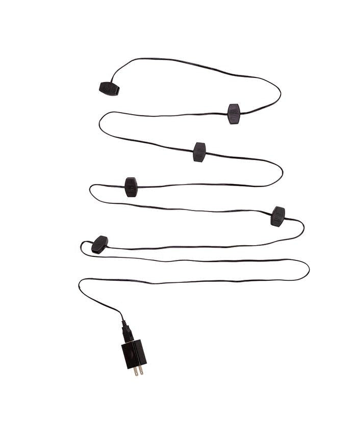 Black USB extension cord with a four-inch lead wire featuring twelve power outlets spaced fifteen inches apart.