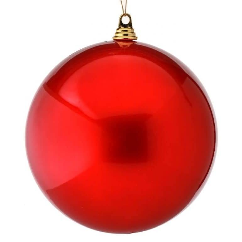 10-inch shiny red spherical Christmas ornament with a gold cap and hanging loop.