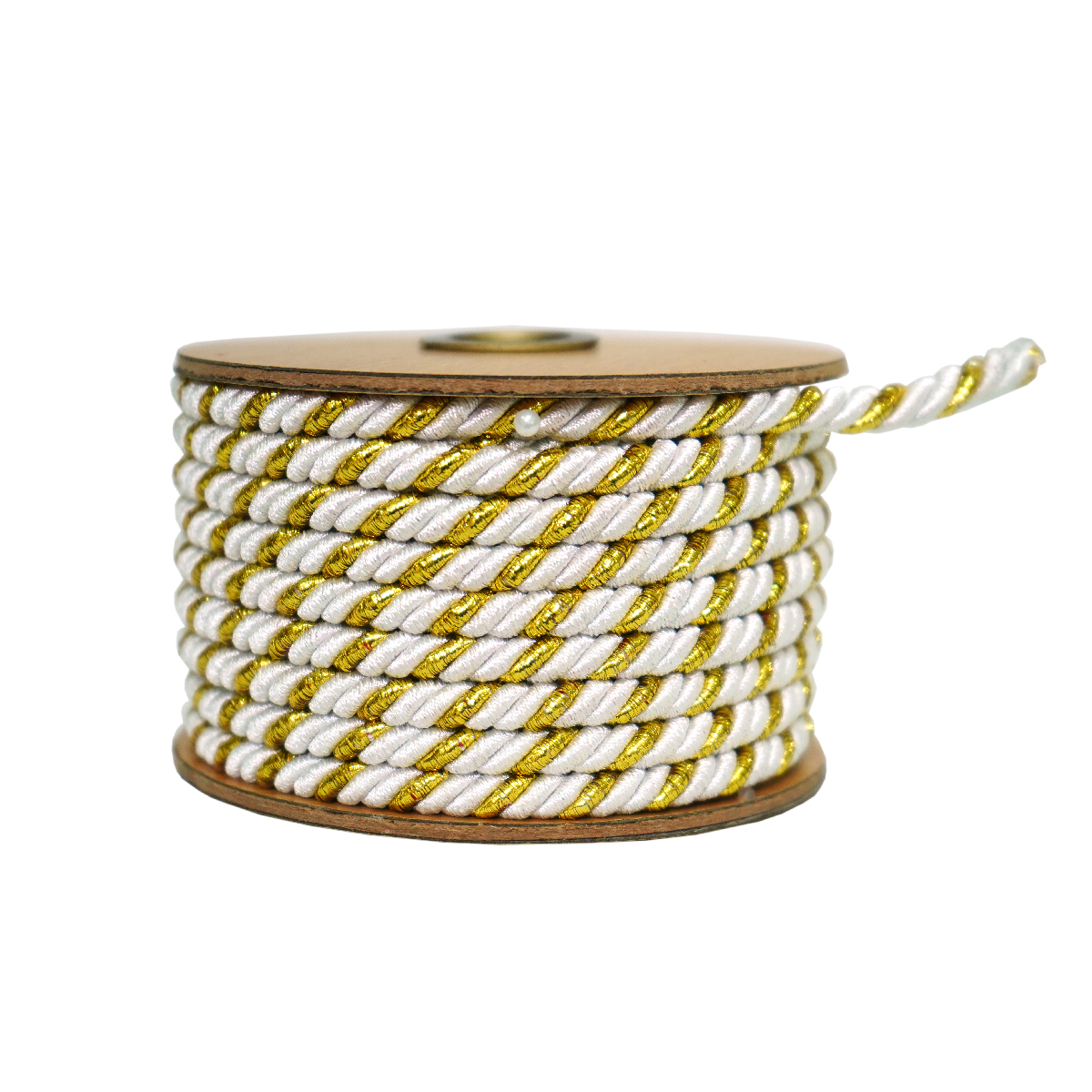 A spool of white and gold twisted decorative rope ribbon for holiday crafts and decor.