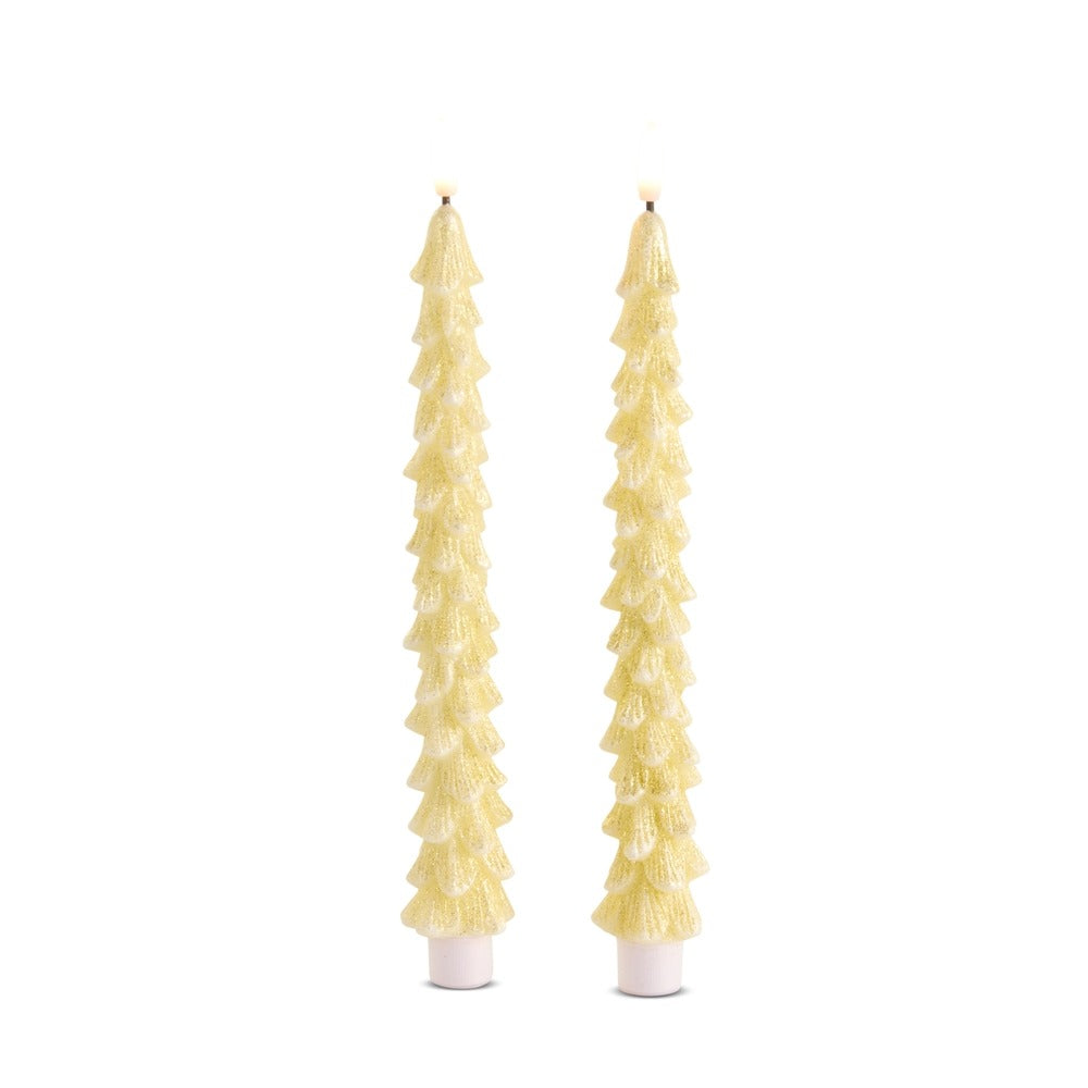 Set of two 10.5-inch glittered gold taper candles sculpted in the shape of evergreen trees.