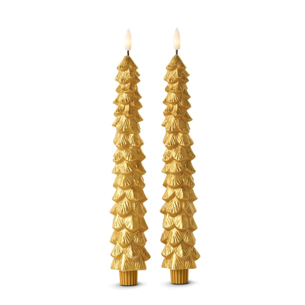 Two 10.5-inch gold Christmas tree-shaped flameless taper candles with a textured wax finish.
