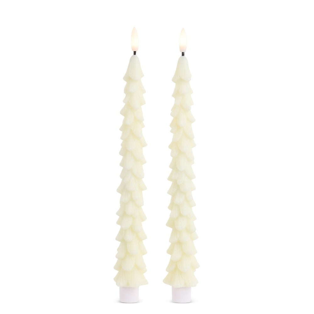 Set of two 10.5-inch ivory taper candles shaped like evergreen trees with glowing LED flames.