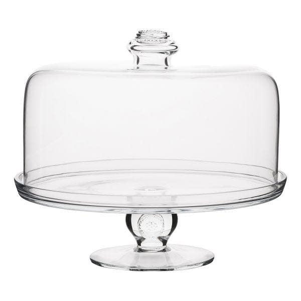 Mouth-blown glass cake dome in clear with a rounded top shape.