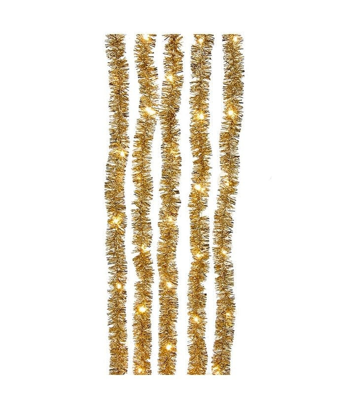 Five strands of champagne-colored tinsel garland with integrated warm white LED lights.