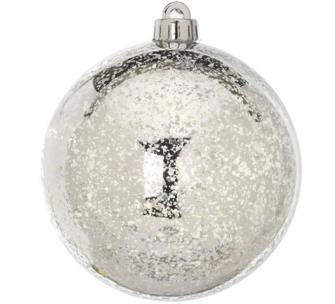 Set of four shiny silver mercury glass vacuum plate ornaments with a spherical shape.