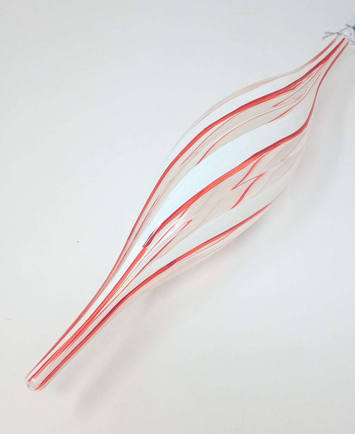 Red striped finial ornament with a classic cone shape.