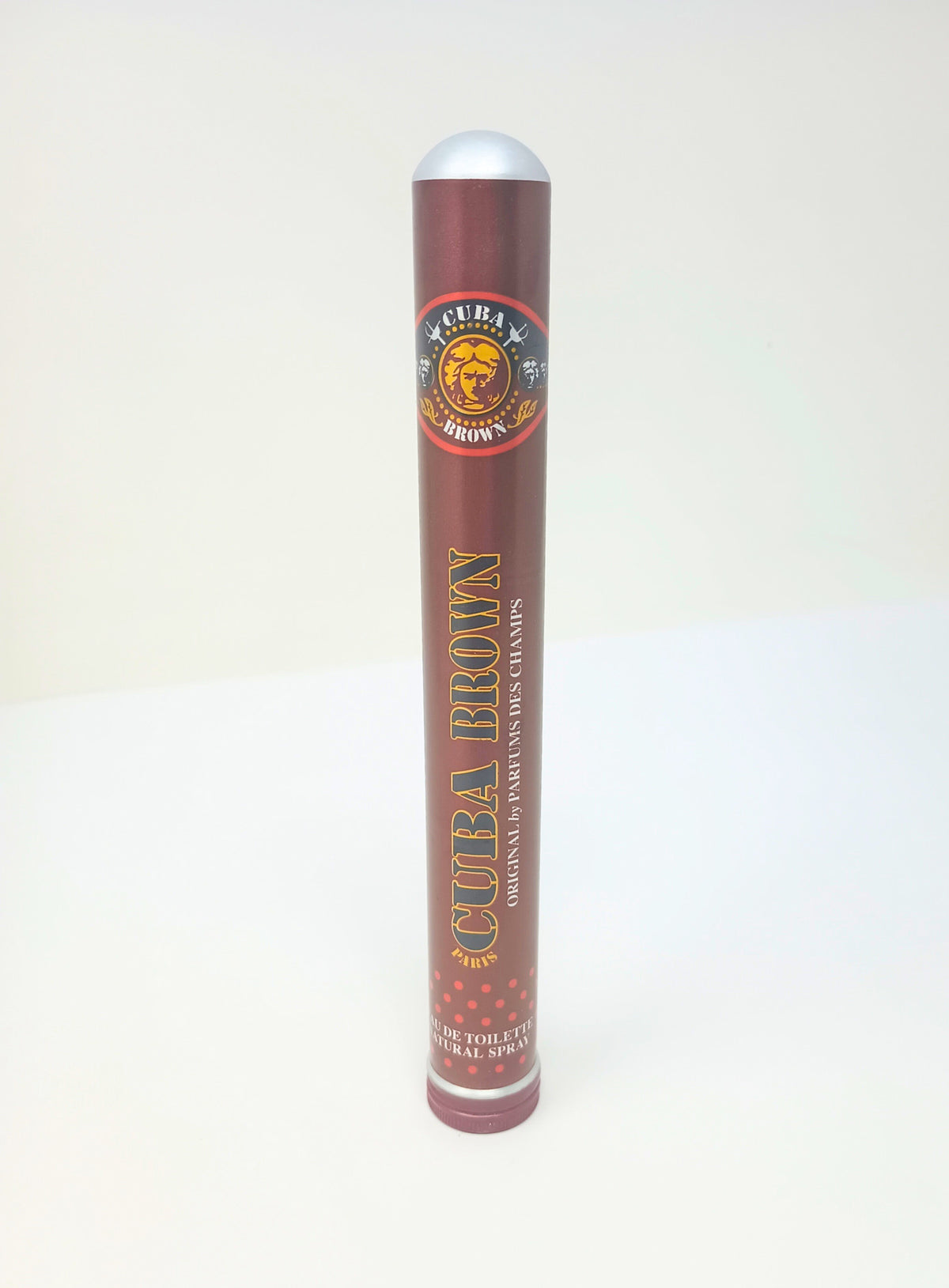 Cuba Brown eau de toilette spray in a brown, cigar-shaped cylindrical container.