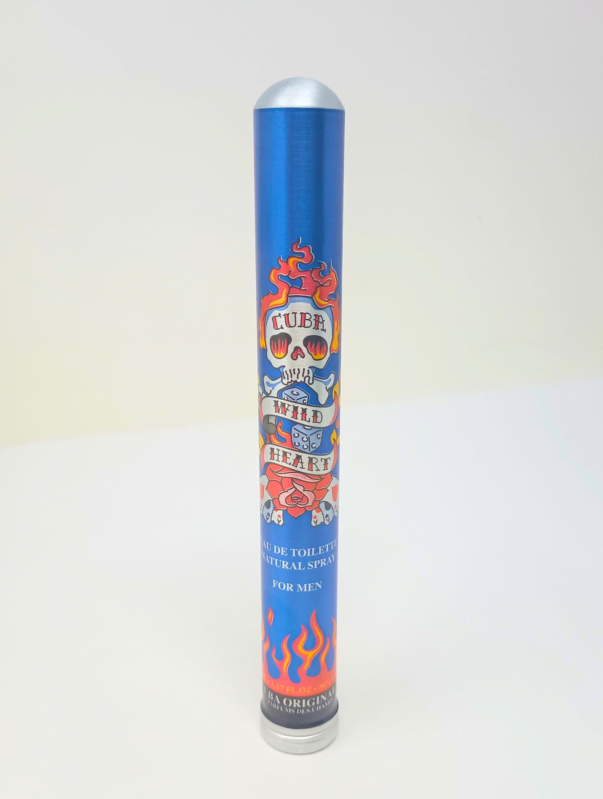 Blue cylindrical Cuba Wild Heart cologne spray bottle with skull, flame, and dice graphic design.