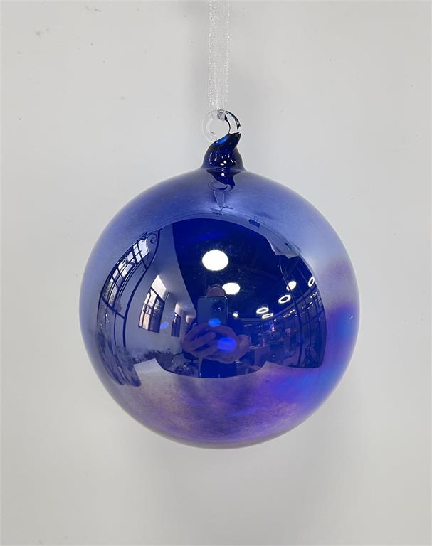 100mm blue glass ball ornament with a reflective finish and a clear hanging loop.