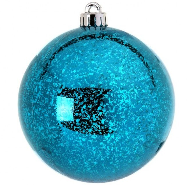 Set of four shiny aqua mercury glass vacuum plate ornaments with a spherical silhouette.