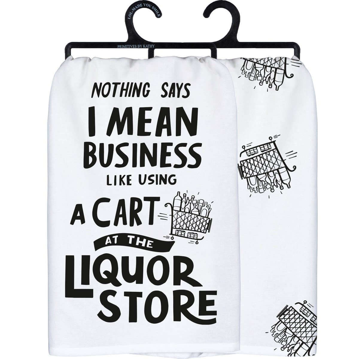 Black cotton kitchen towel with white text reading Remember As Far As Anyone Knows We Are A Nice & Normal Family