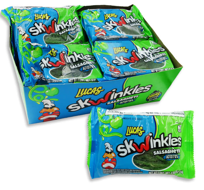 Lucas Salsagheti Skwinkles Sour sour candy in a clear bag showing green and yellow swirls.