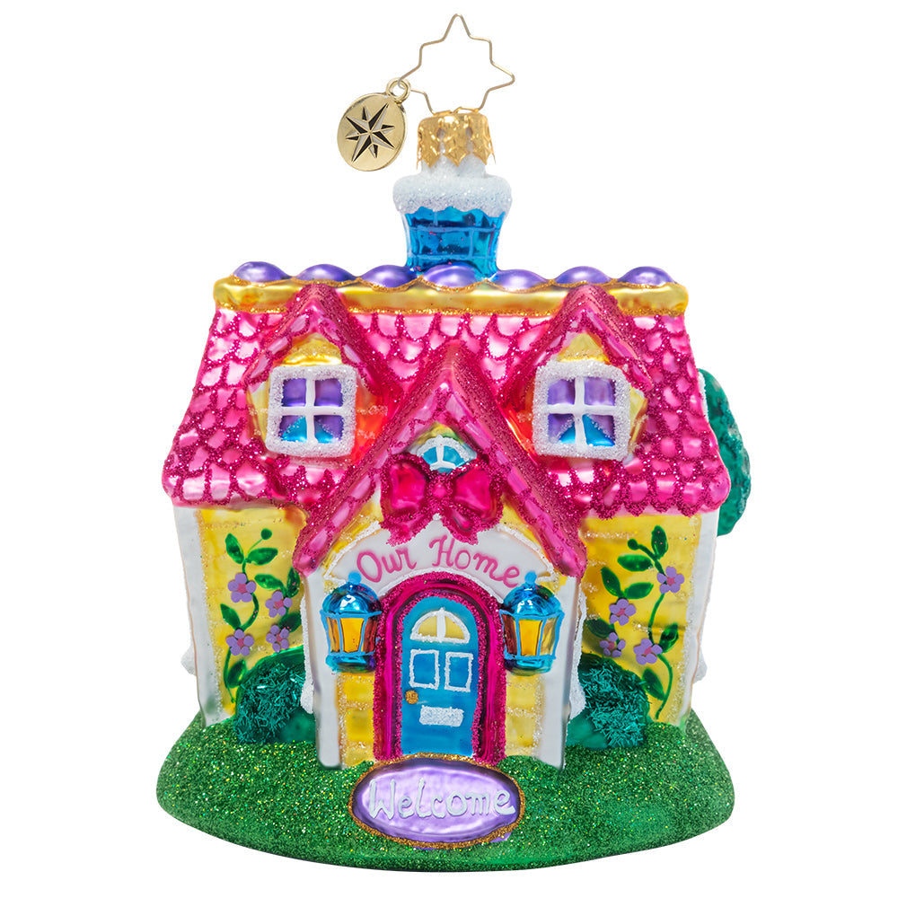 Cheery Country Cottage ornament in red with white snowflake patterns on a glossy finish.