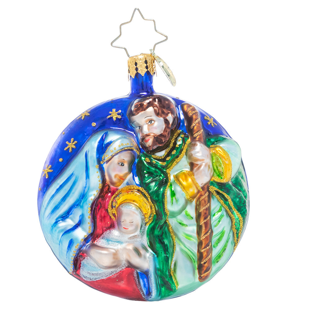Double-sided wooden ornament featuring the Three Wise Men journeying at night on one side and a starry sky with newborn king scene on reverse.