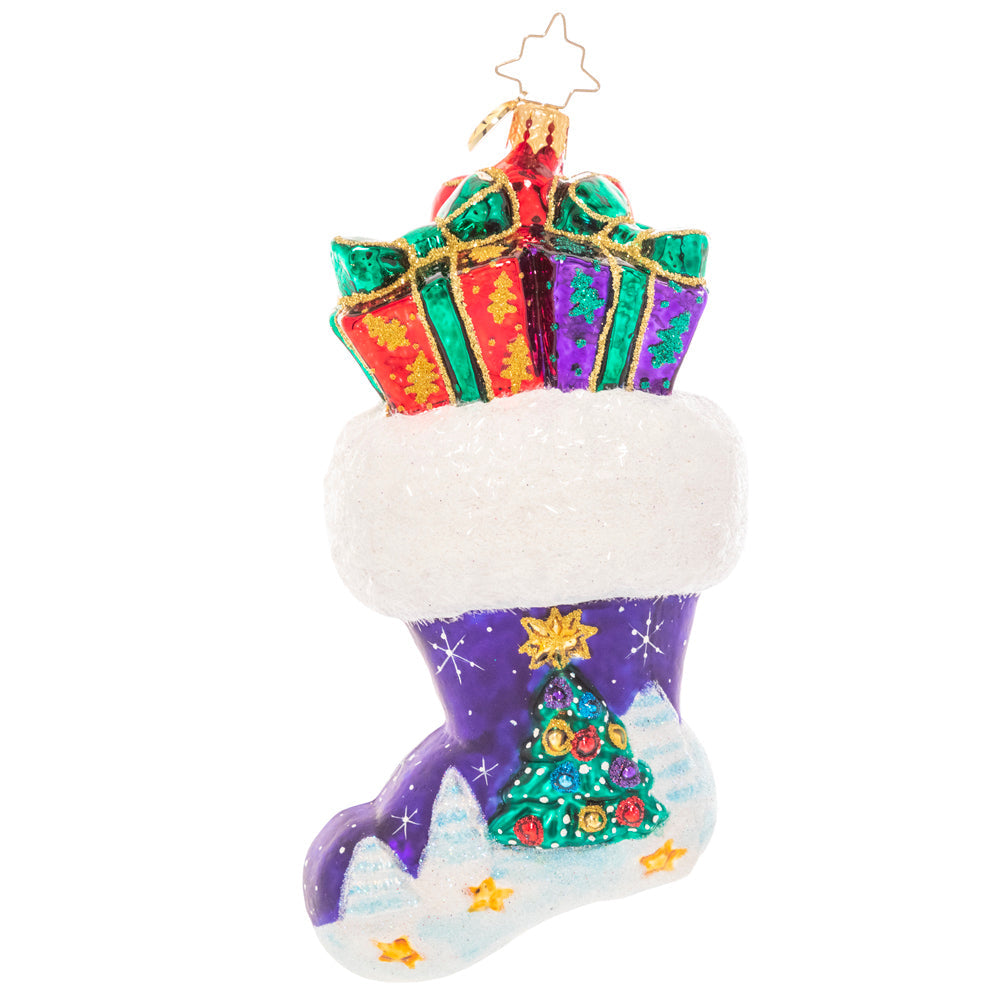 Overstuffed Christmas stocking ornament with snowy night scene, red fabric, gold trim.