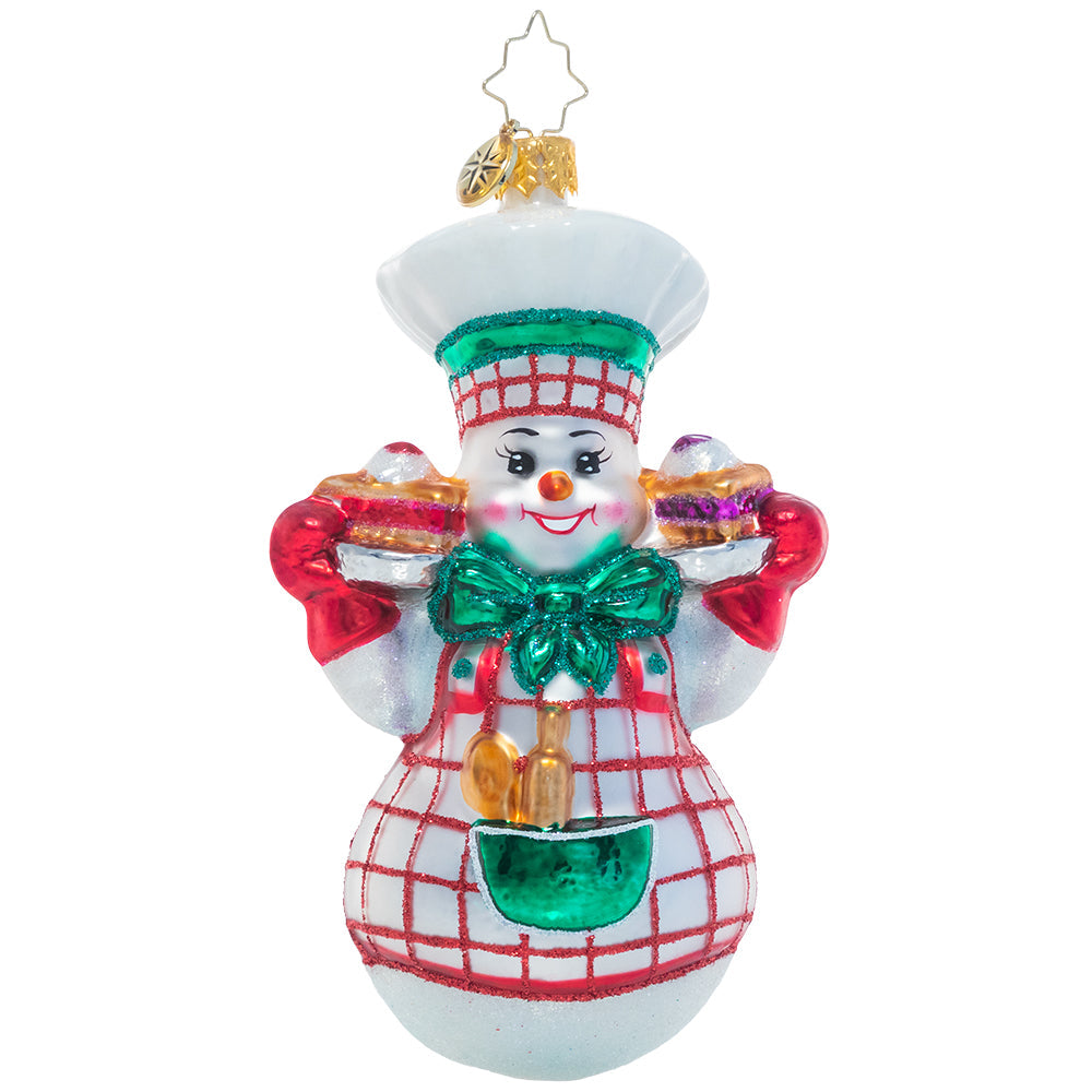 Jolly Baker Snowman Christmas pie cookie jar in white ceramic with red trim.