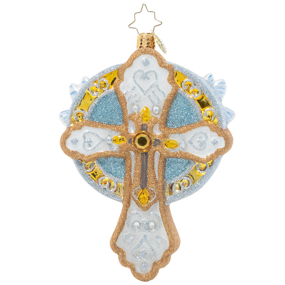 Delicate gold cross-shaped Christmas ornament with 'Peace on earth' text.