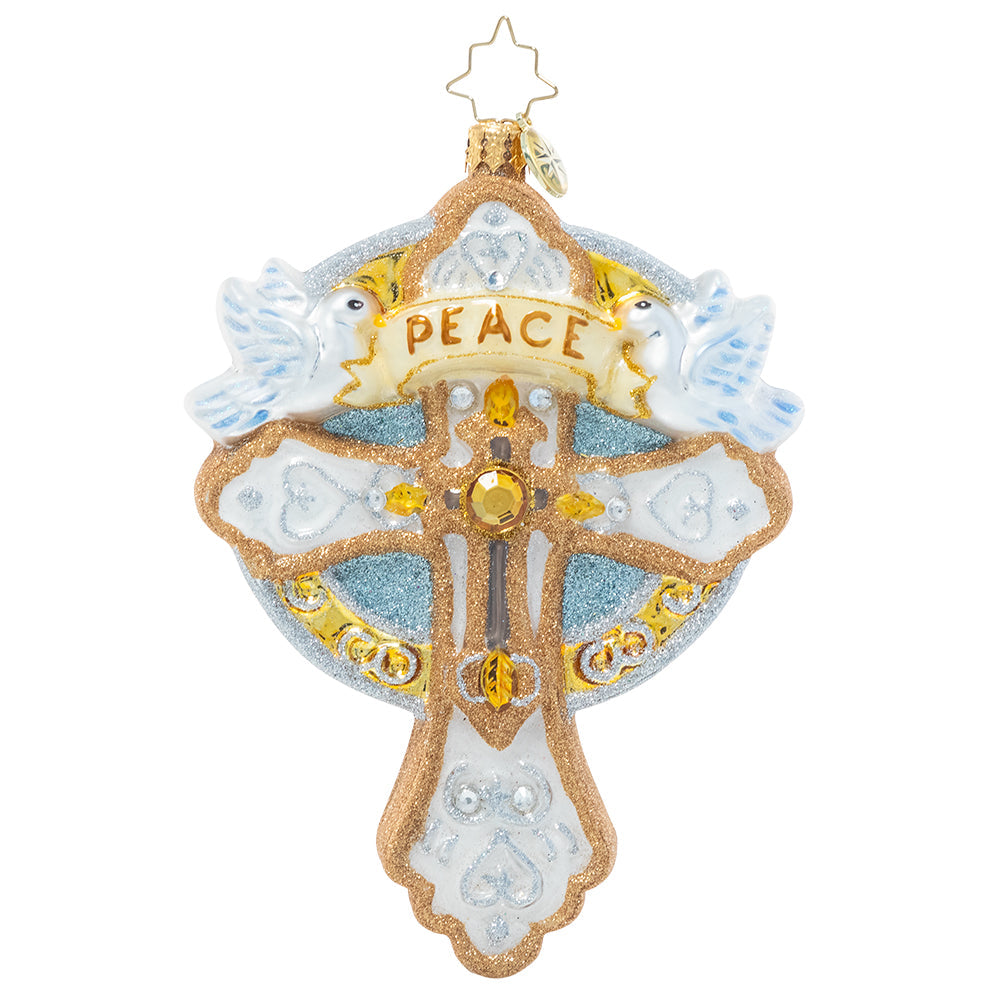 Delicate gold cross-shaped Christmas ornament with 'Peace on earth' text.