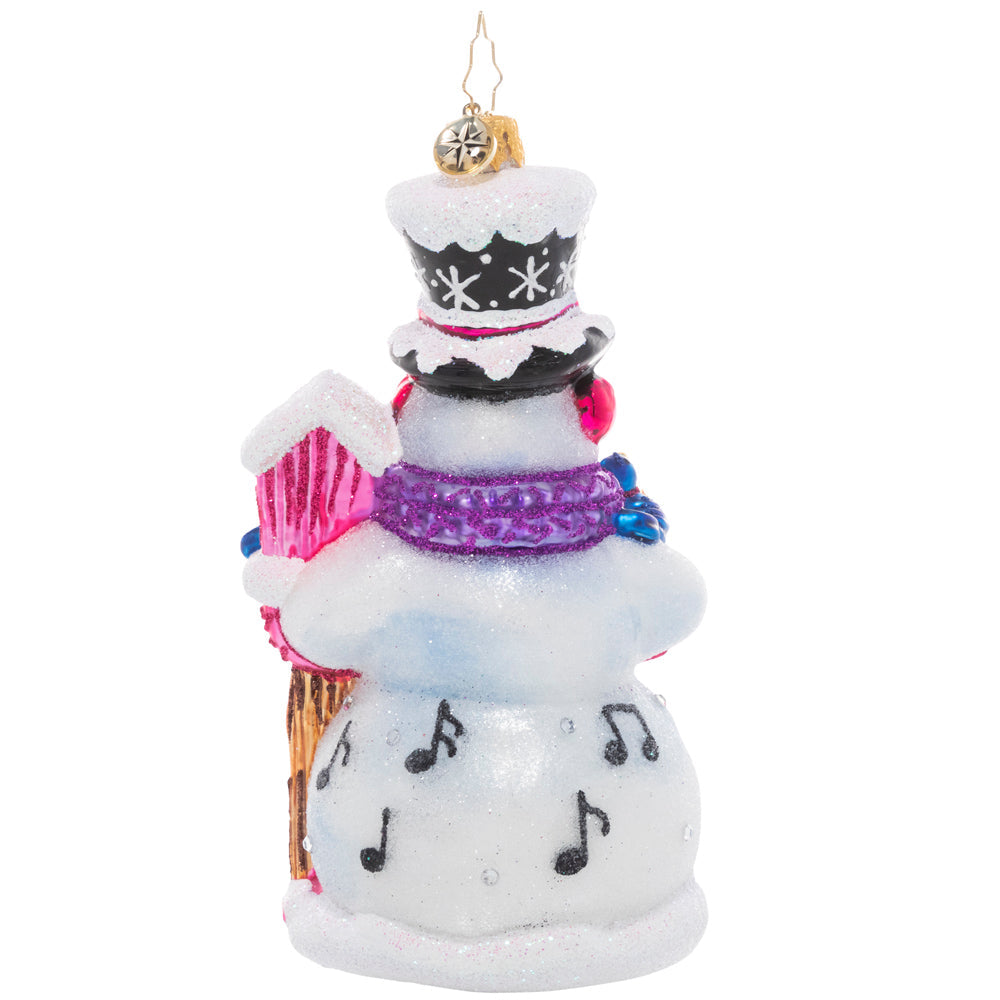 Christmas Birdsong ornament: smiling snowman surrounded by four blue birds on snowy background