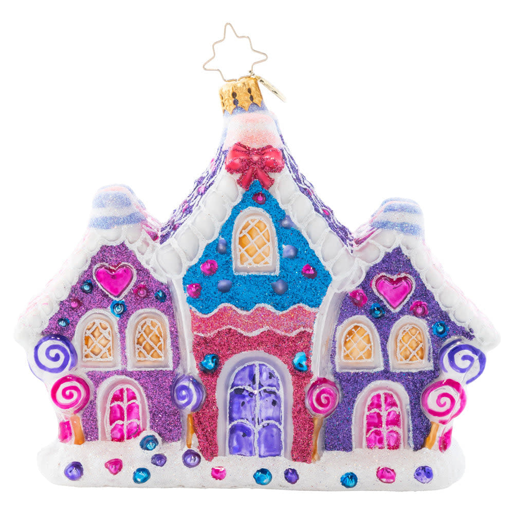 Candy Cane Lane cluster ornament featuring candy houses with sprinkles and gumdrops in red, white, and green.