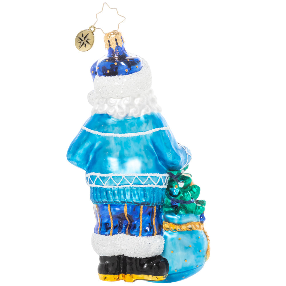Santa Claus ornament with a red suit featuring green Christmas tree and yellow crescent moon patterns on the chest.