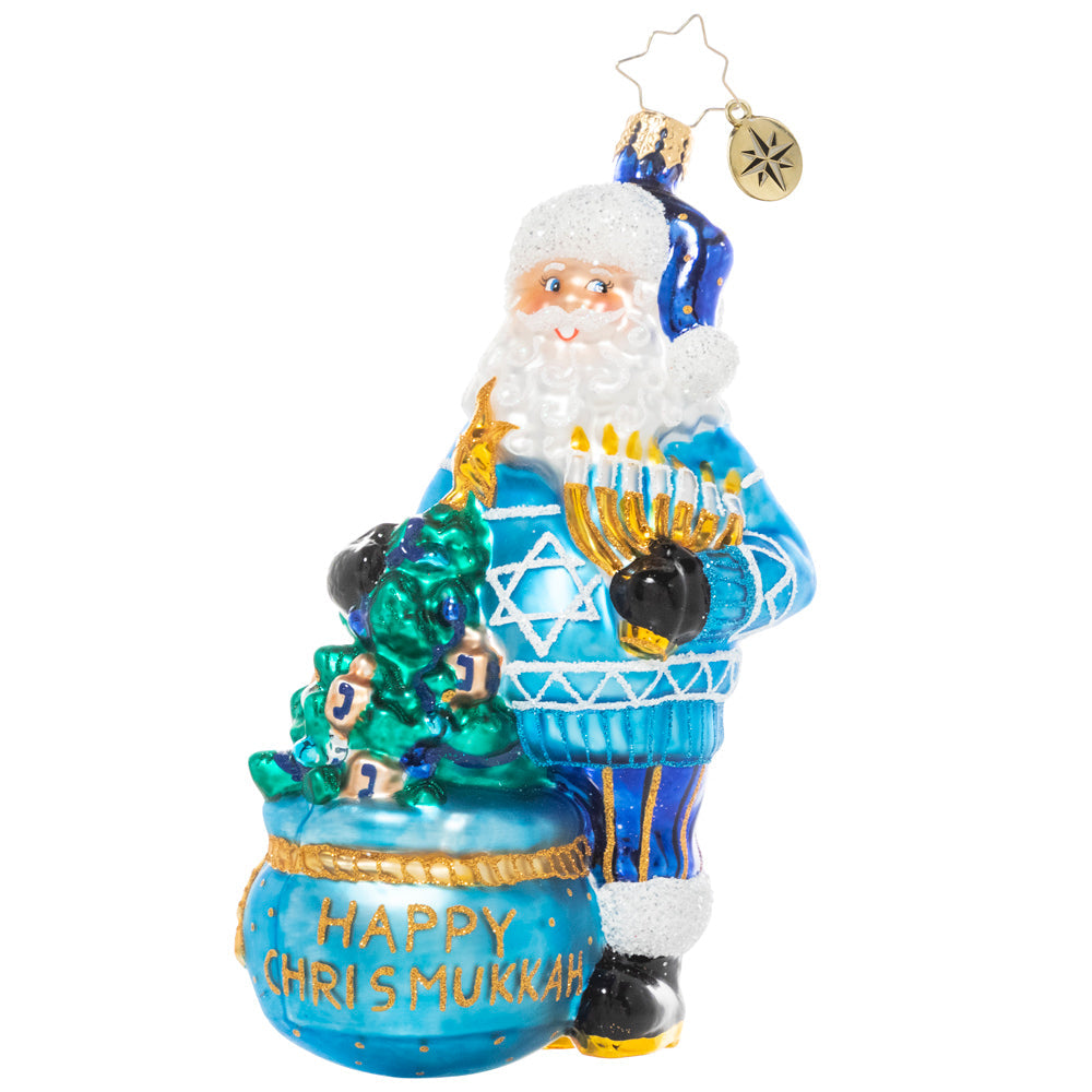 Santa Claus figurine with a red suit holding gifts to celebrate multiple holidays.