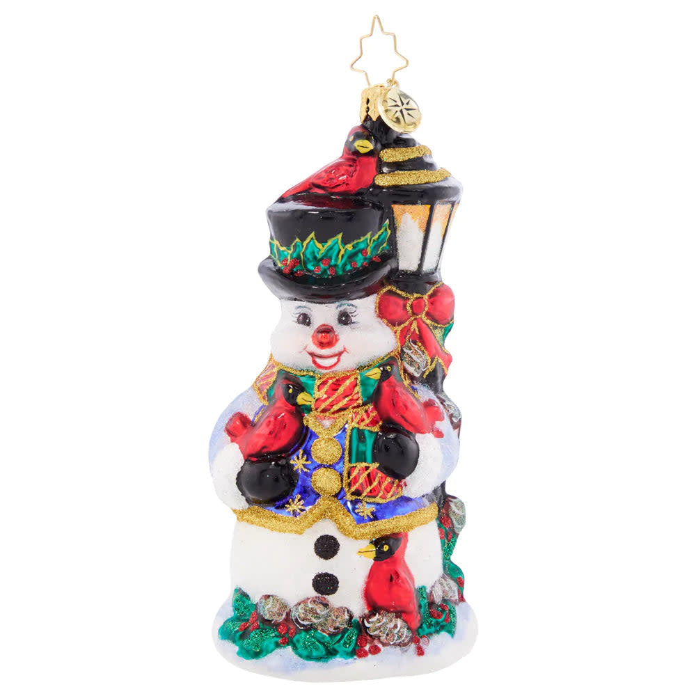 Feathered Friends Snowman bird perch in red cardinal color with smiling snowman silhouette and feather details