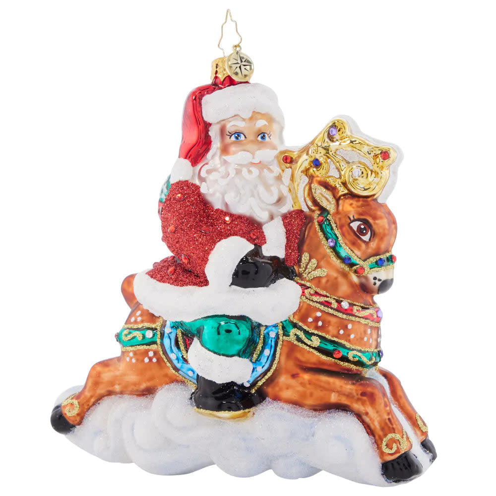 Plush Giddy Up Santa figurine with reindeer Donner in festive holiday colors.