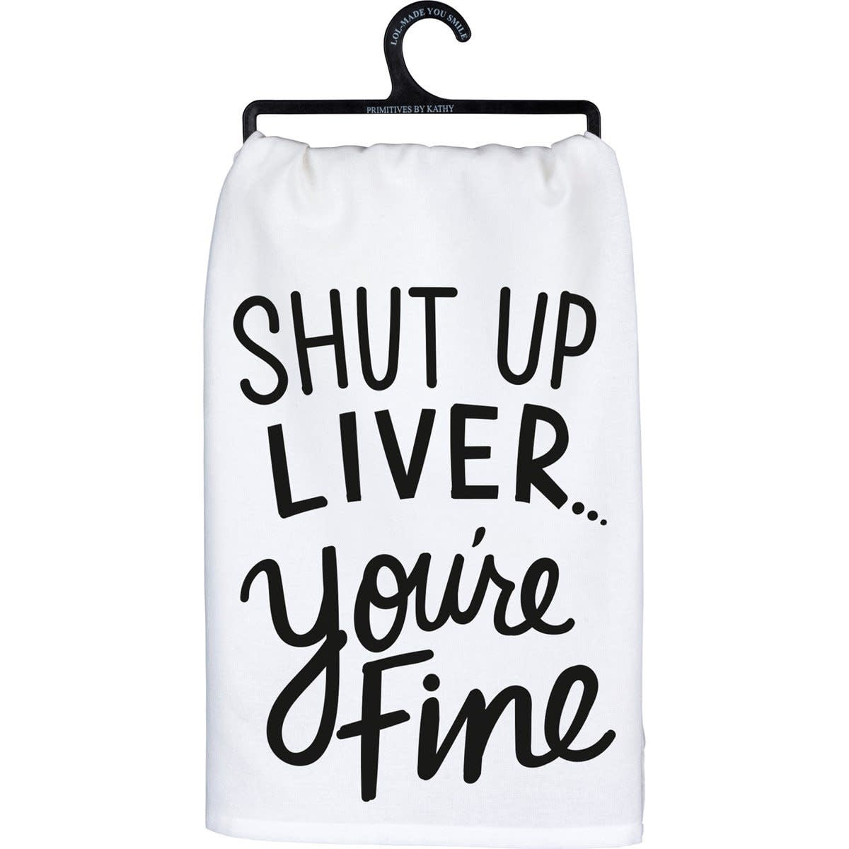 Black cotton kitchen towel with white text reading Remember As Far As Anyone Knows We Are A Nice & Normal Family