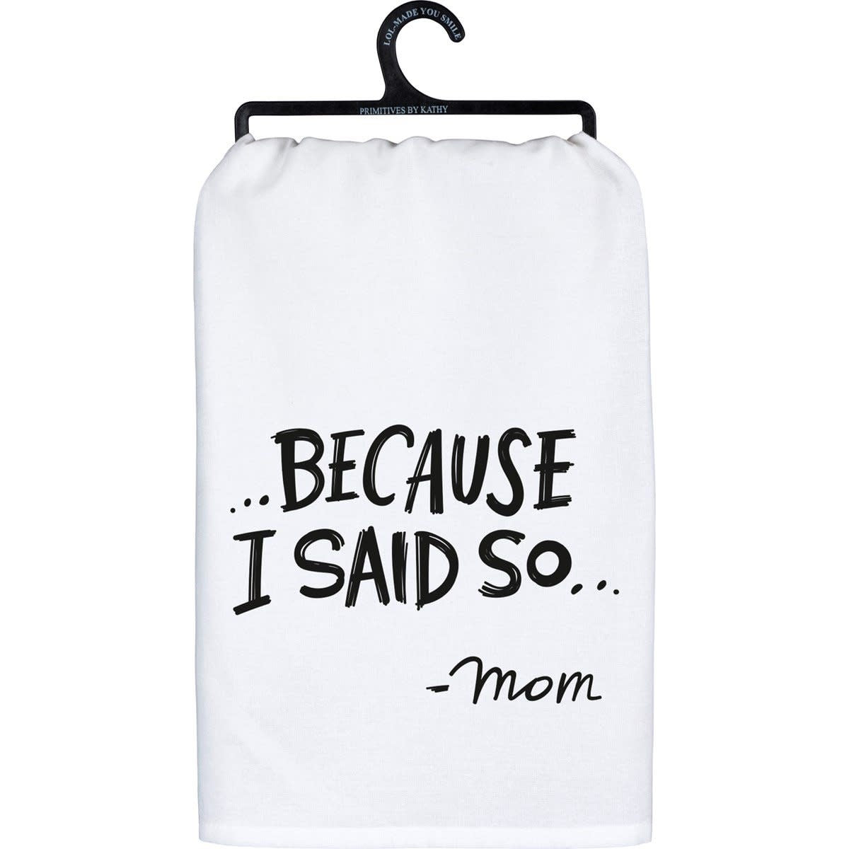 Black cotton kitchen towel with white text reading 'Remember As Far As Anyone Knows We Are A Nice & Normal Family'