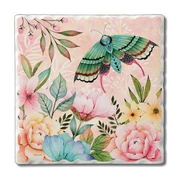 Square tumbled stone coaster with cork backing in natural gray tones.