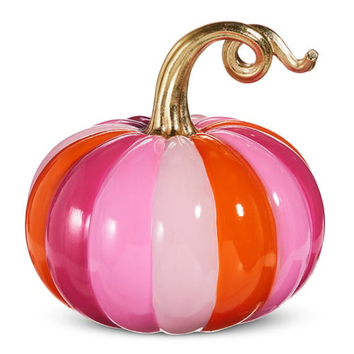 10.5-inch resin pumpkin with pink and orange vertical stripes and a metallic gold curly stem.