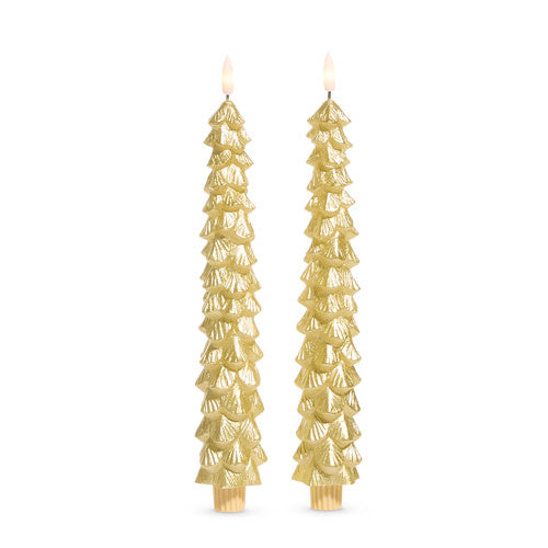 Two 10.5-inch gold wax taper candles shaped like Christmas trees with LED flames.
