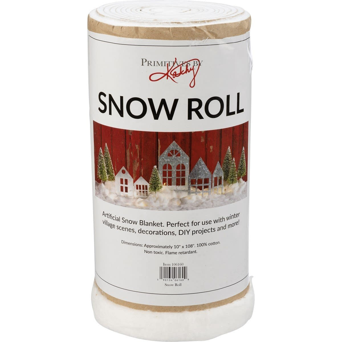 Roll of white cotton artificial snow blanket with a soft texture.