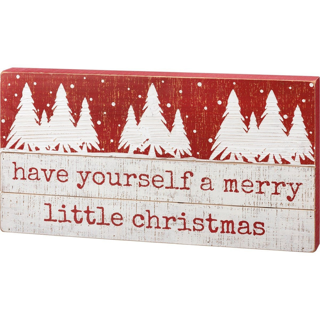 Wooden slat box sign with debossed tree designs and festive text reading Have Yourself A Merry Little Christmas